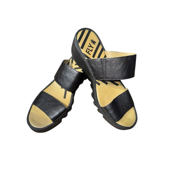 Fly London Black Leather Slide Sandals • Comfortable Wedge Sole Size 40 US 9-9.5 - Picture 5 of 13